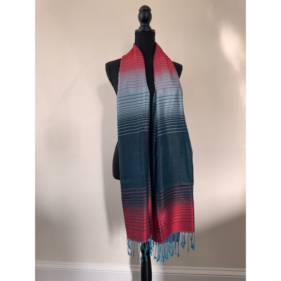 Bulbul Handicraft Silk Wool Blend Scarf from India Teal Red Striped Fringe Wrap - Picture 2 of 5